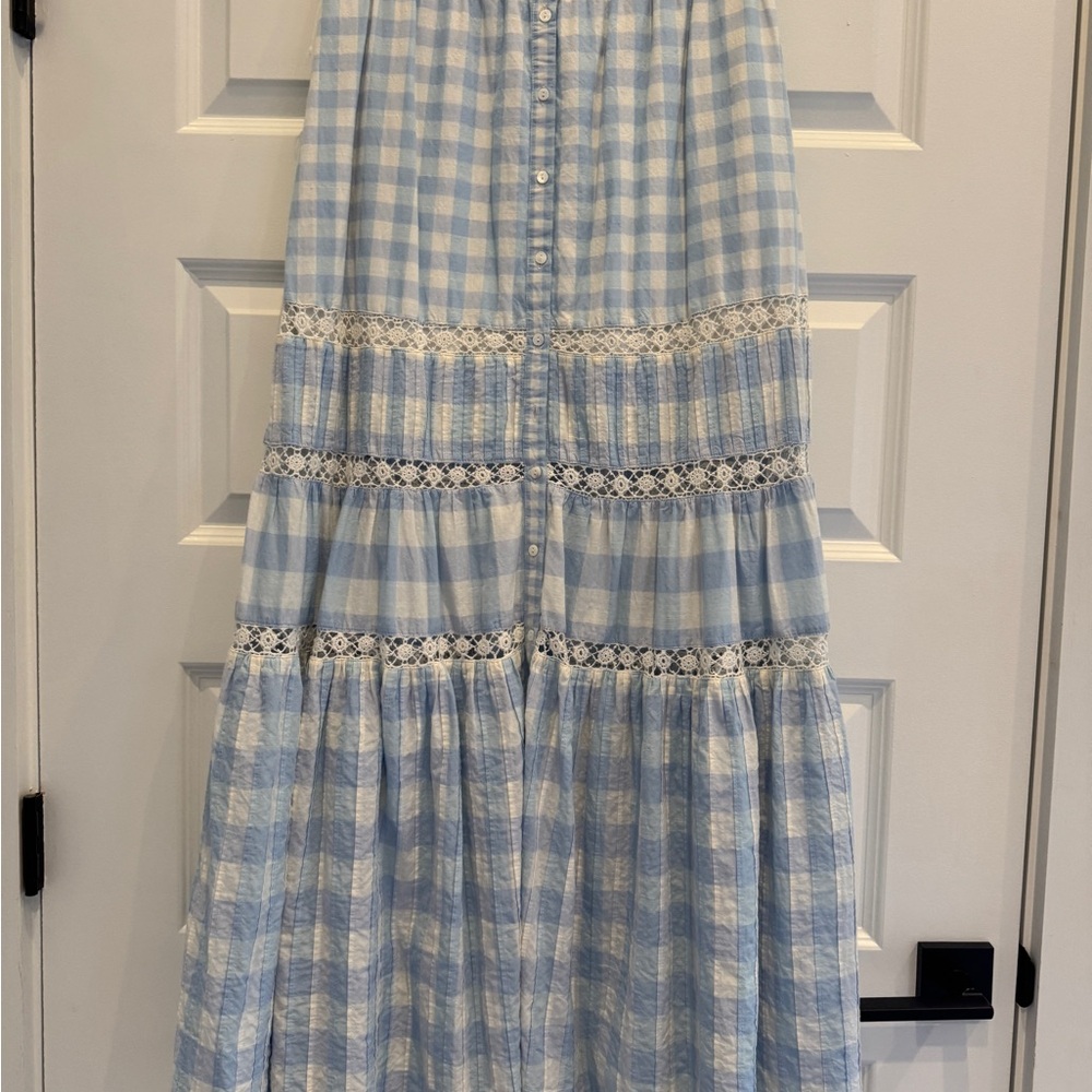 LoveShackFancy Blue Gingham Maxi Skirt